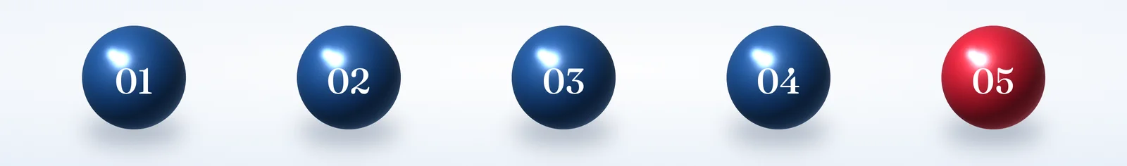 Five numbered glossy spheres, 01 to 05, the fifth in red.