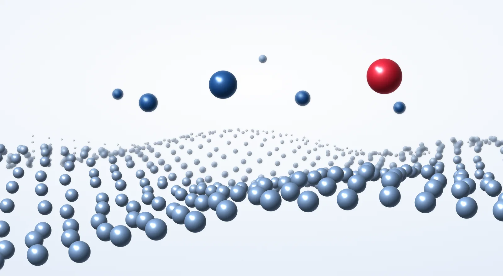 A field of small glass spheres receding into the distance, with a few larger blue spheres and one red sphere rising above it.