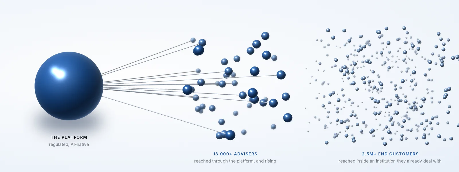 One large blue sphere, the platform, linked to a cloud of adviser spheres, beside a dense field of end-customer spheres.