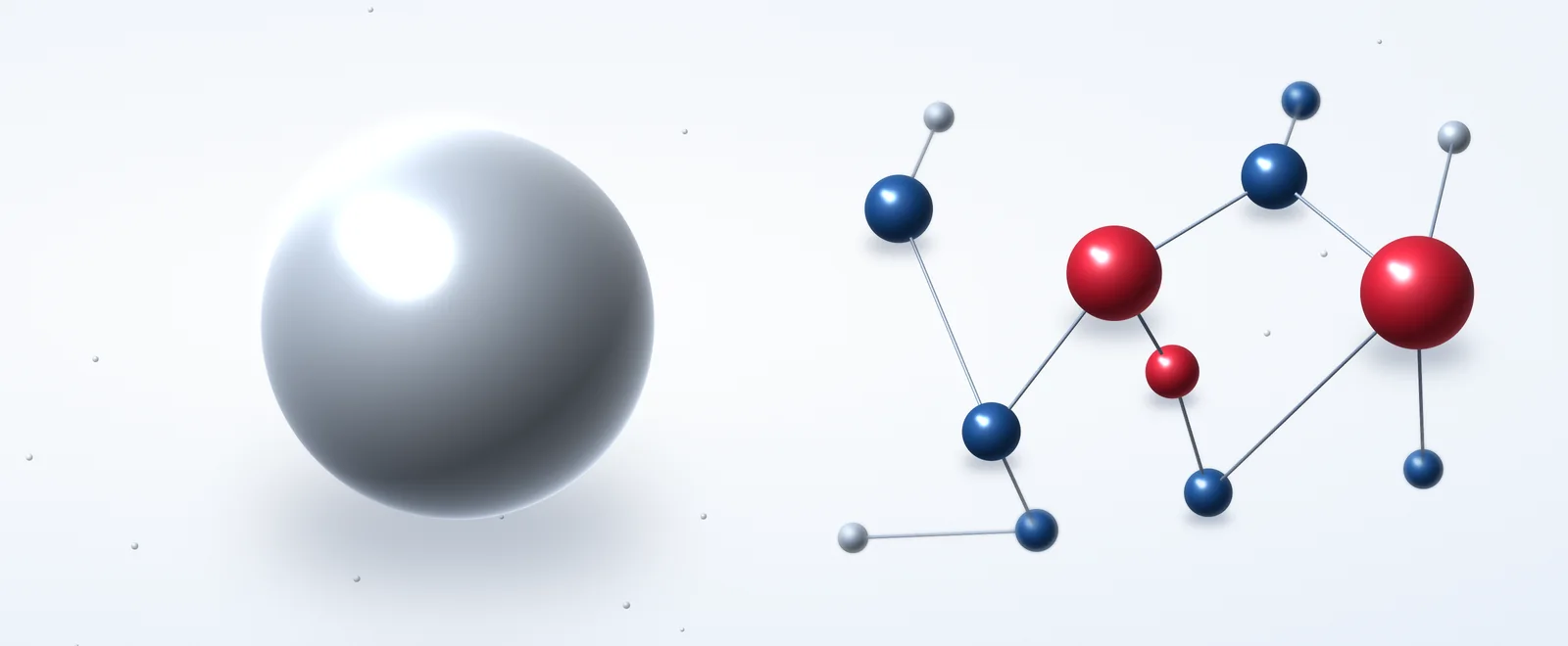A large silver sphere on the left, the grid, and a network of blue and red spheres joined by fine rods on the right, the operators.