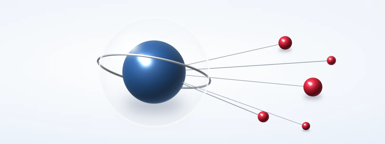 A blue sphere inside a transparent glass shell, with red spheres outside the shell connected by fine rods.